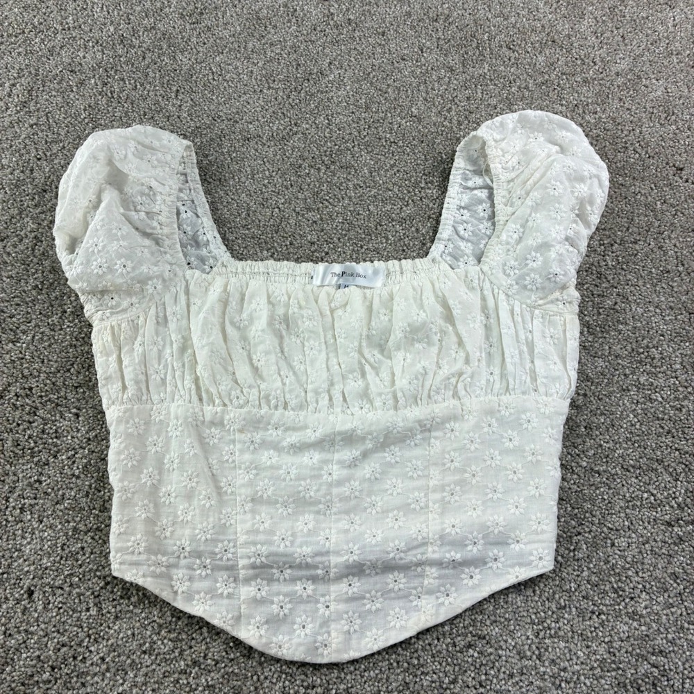 White Eyelet Embroidered Puff Sleeve Crop Top Juniors‎ M Cottagecore Coquette - Picture 3 of 11